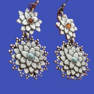 Double LOTUS DANGLE EARRINGS Boho Silver Tone Faux Turquoise Amber